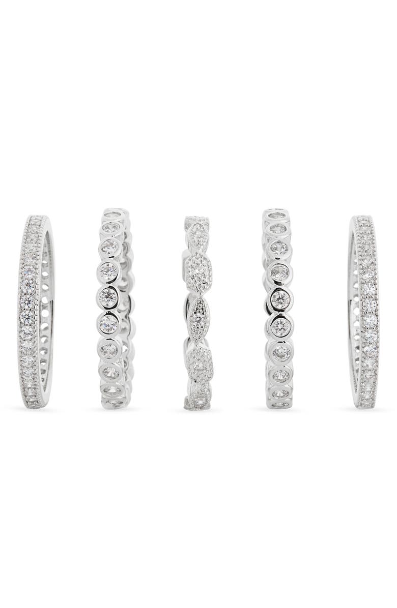 NORDSTROM RACK Pack of 5 CZ Embellished Stackable Rings, Alternate, color, Clear- Silver