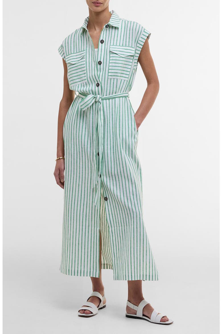 Abby Stripe Belted Cotton & Linen Shirtdress, Main, color, KELLY GREEN WHITE STRIPE