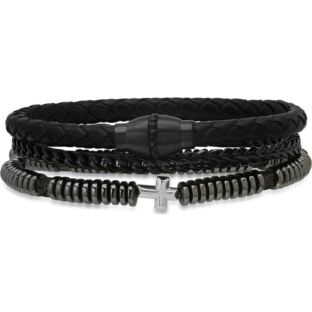 Hmy Jewelry Black Stainless Steel, Leather & Hematite Beaded Bracelets