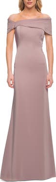 La Femme Simply Chic Off the Shoulder Jersey Gown