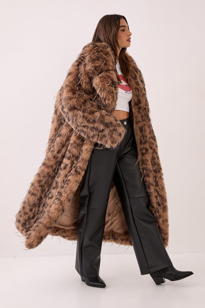 Faux Fur Longline Coat, Alternate, color, Brown