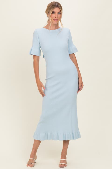 Ribbed Knit Bow Back Ruffle Accent Dress