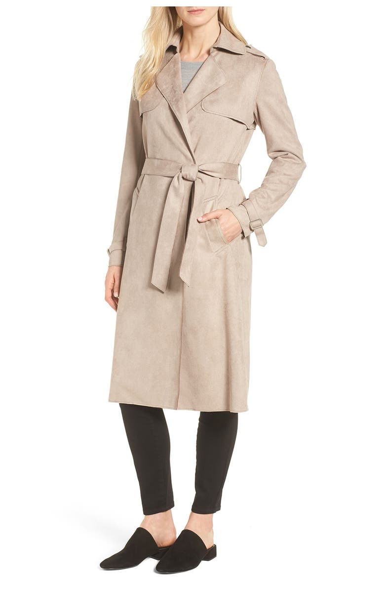 Tahari Mel Faux Suede Trench Coat, Main, color, 