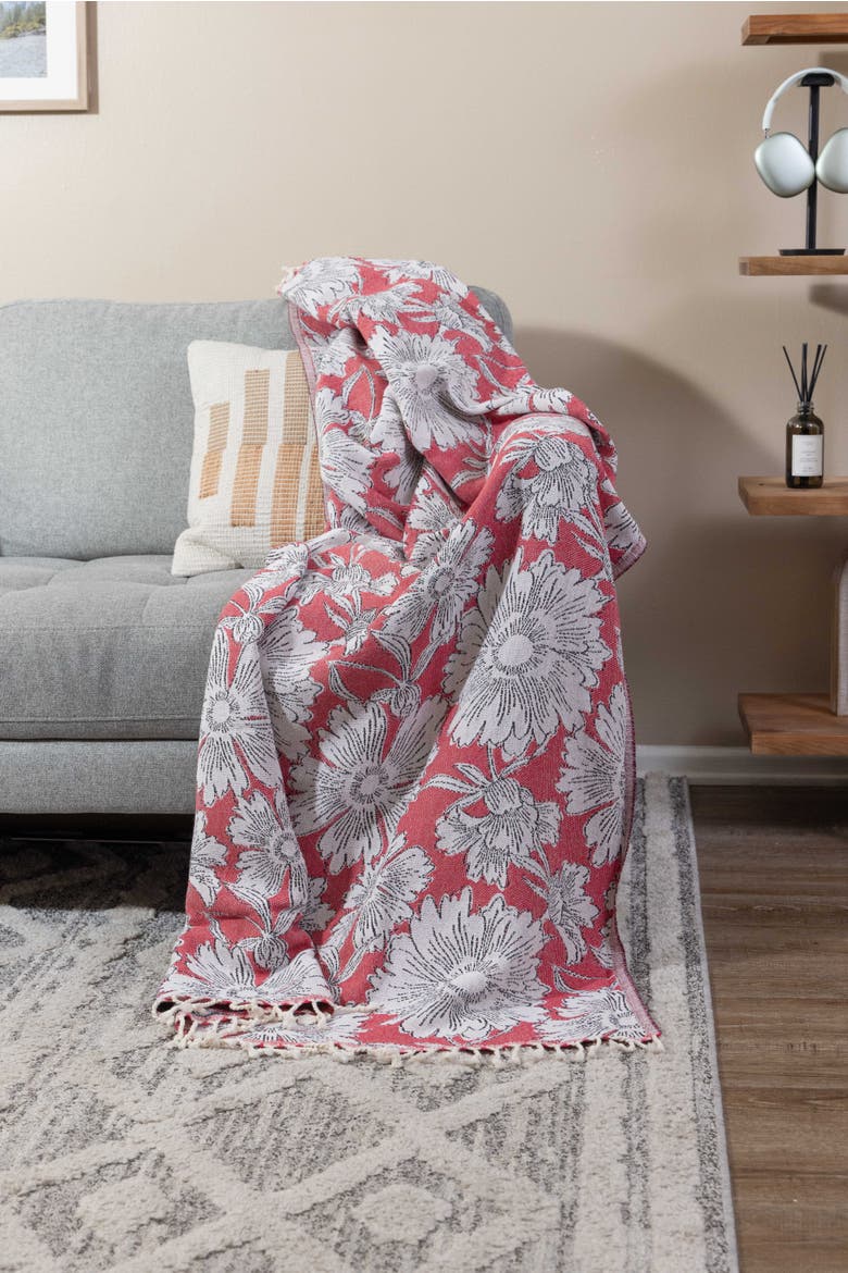 Garden Flower Organic Cotton Medium Weight Throw Blanket, Alternate, color, Red