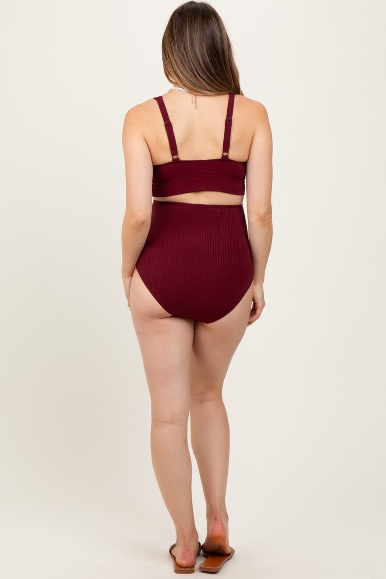 Ribbed Twist Cutout Front Swim Set, Alternate, color, Burgundy