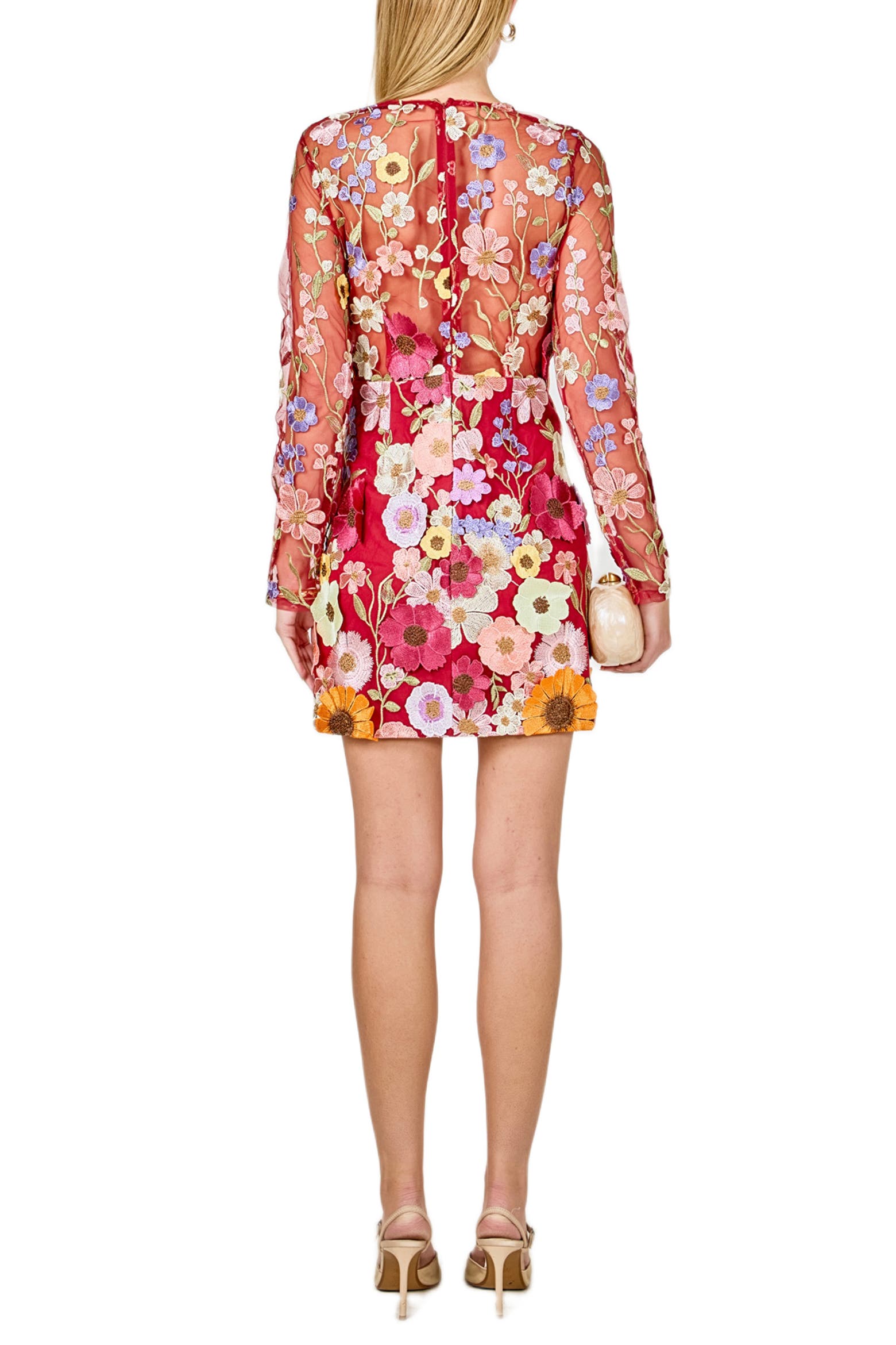 Merlot Rose Color Endless Rose Floral Embroidered Long Sleeve Minidress (Women) | Nordstrom