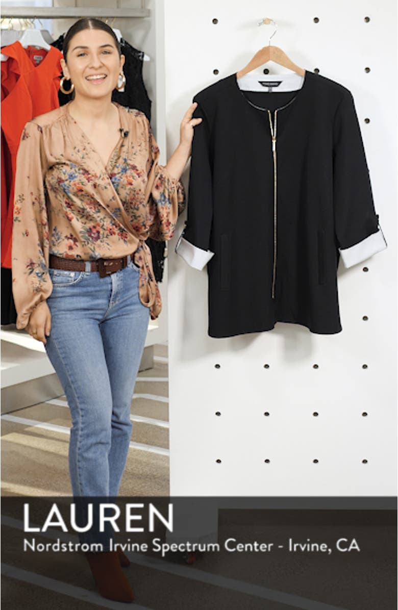 Contrast Cuff Zip Front Cotton Blend Jacket, sales video thumbnail