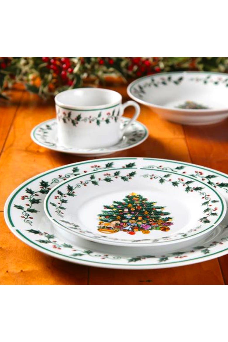 20 Piece Ceramic Christmas Tree Trimming Dinnerware Set, Alternate, color, White