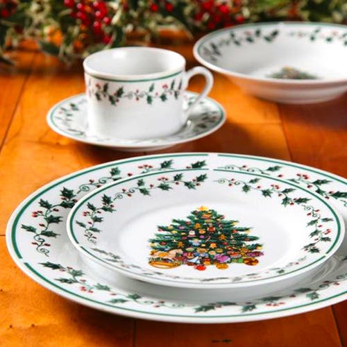 Gibson Home 20 Piece Ceramic Christmas Tree Trimming Dinnerware Set In White