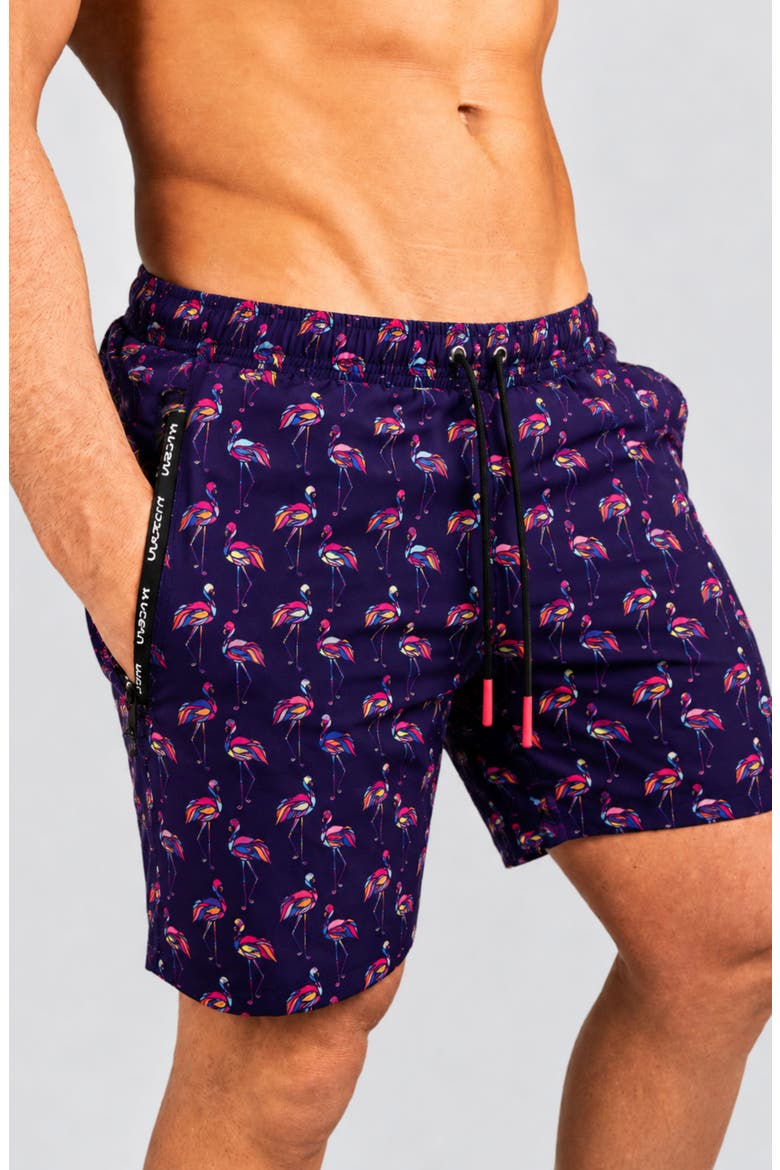 Lion Flamingo Swim Trunks, Alternate, color, PURPLE