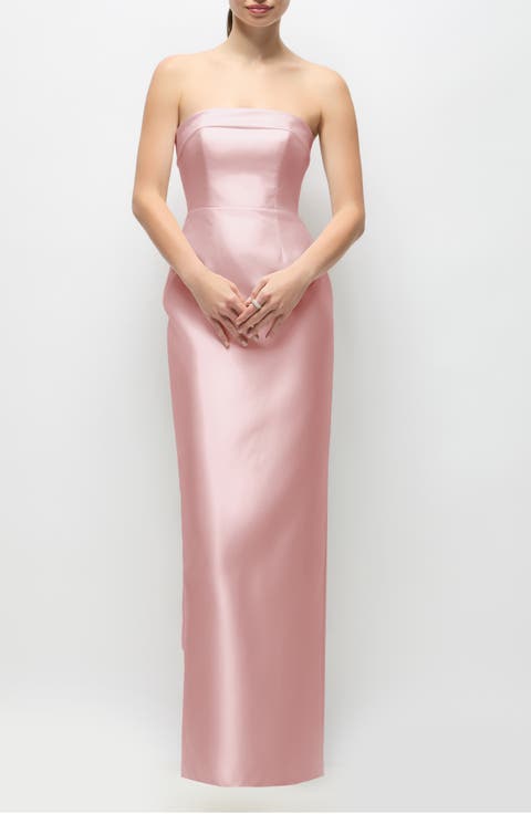 Eliza Bow Back Strapless Satin Column Gown