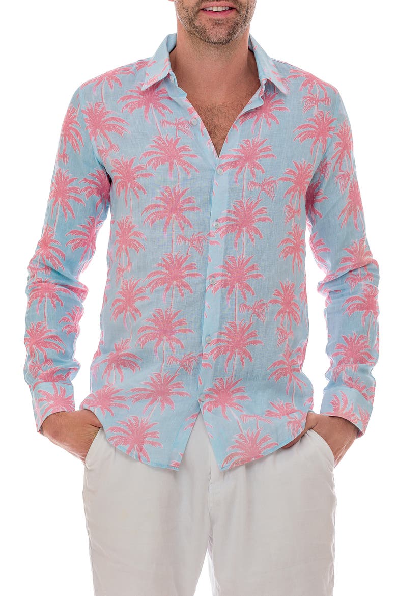 Linen Palm Button-Up Shirt, Main, color, TURQUOISE
