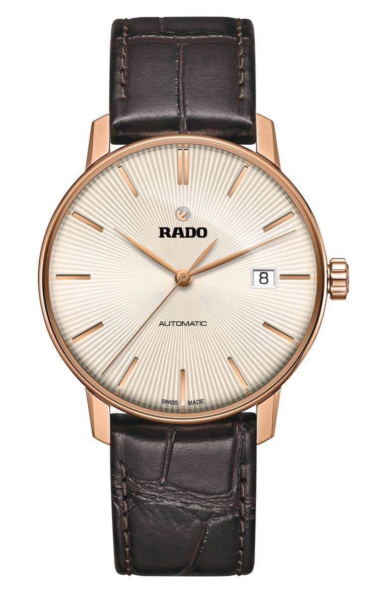 RADO Coupole Classic Automatic Leather Strap Watch, 38mm, Main, color, Grey/ Brown/ Gunmetal