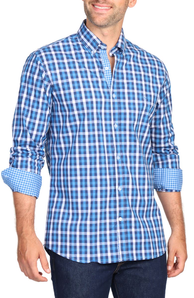 TailorByrd Regular Fit Gingham Stretch Cotton Button-Down Shirt, Alternate, color, Blue