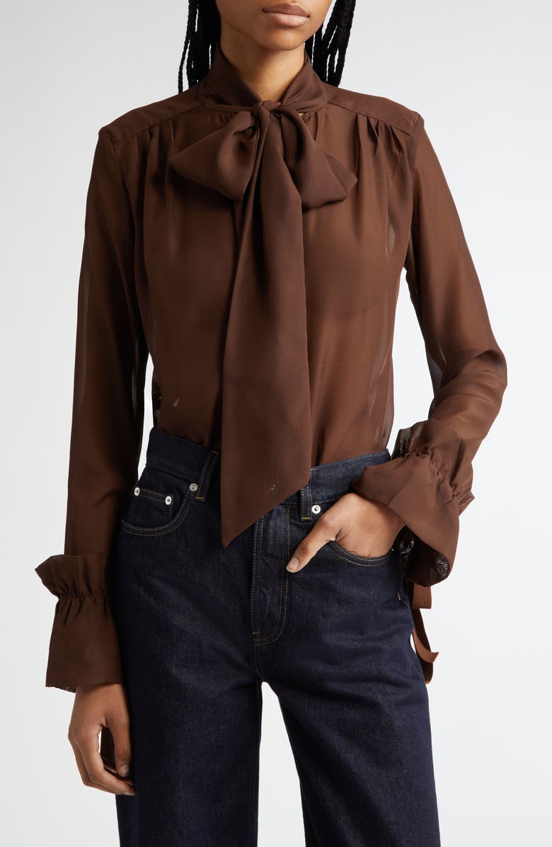 HOUSE OF AAMA Tie Neck Chiffon Button-Up Shirt, Main, color,