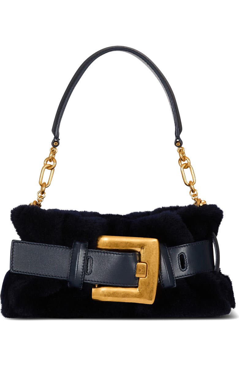 Balmain Mini Anthem Genuine Shearling Shoulder Bag, Main, color, Raven