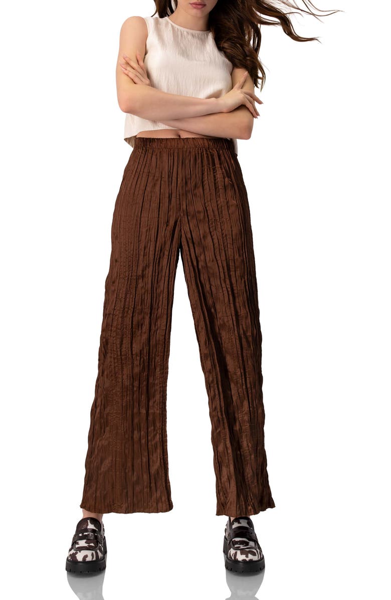 IVONNE Wide-Leg Brown Pleated Trousers, Alternate, color, Brown