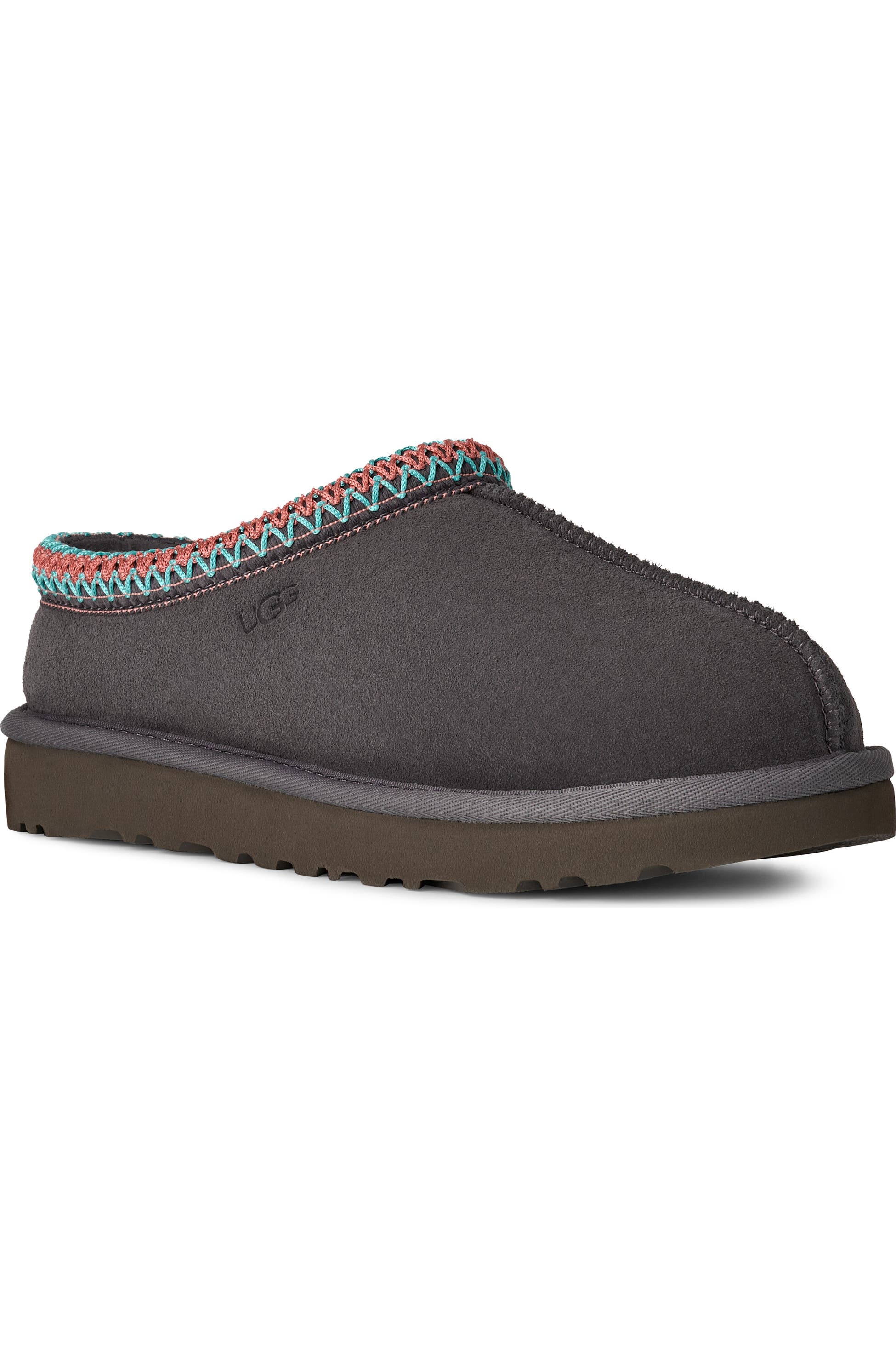 Deep gray UGG Tasman suede slipper with braided trim and thick outsole