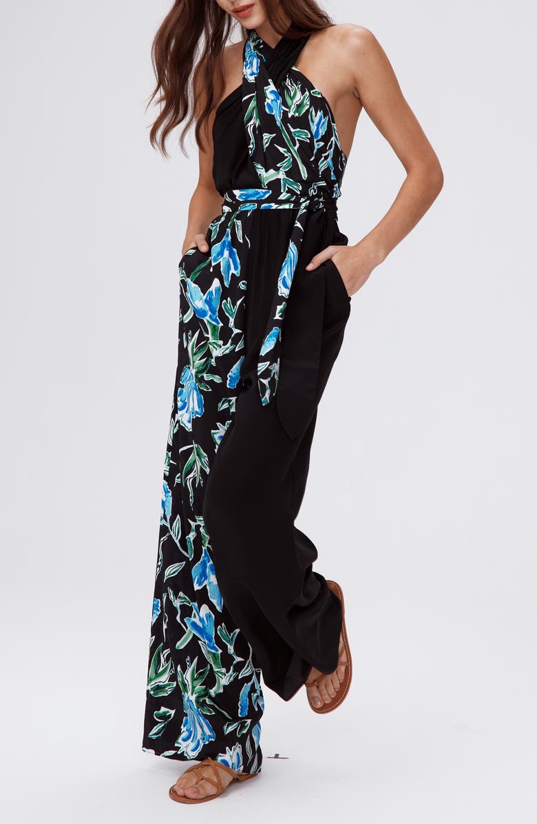 DVF Cort Mixed Print Halter Jumpsuit, Alternate, color, Tulip Fields Blue Lg/Blk