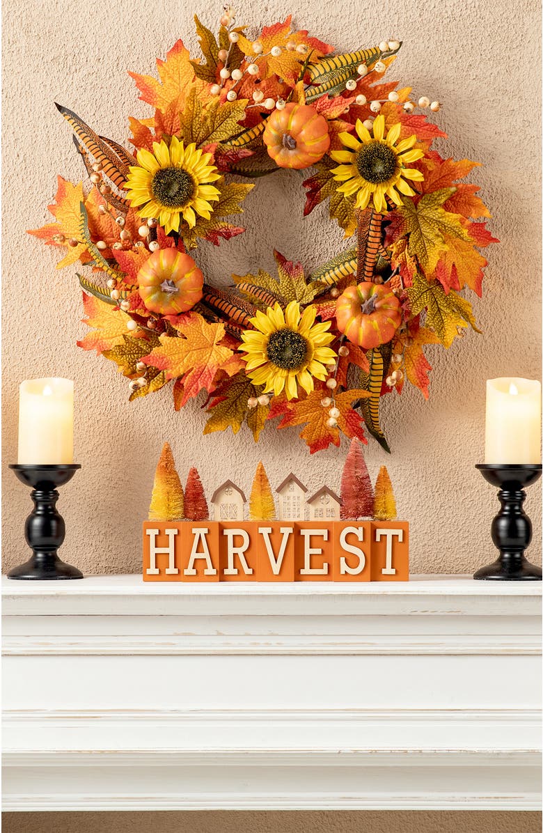 Glitzhome Harvest Fall Wooden House/Brush Trees Table Decor, Alternate, color, Orange