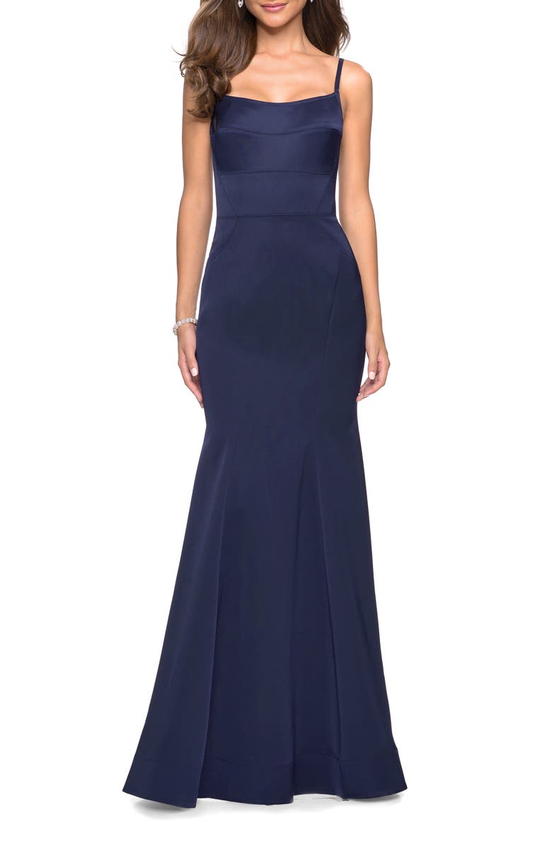 La Femme Fitted Long Dress with Seams and Large Gold Zipper, Main, color, Navy