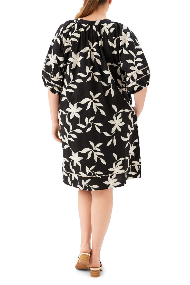 Floral Embroidered Puff Sleeve Cotton Shift Dress, Alternate, color, BLACK
