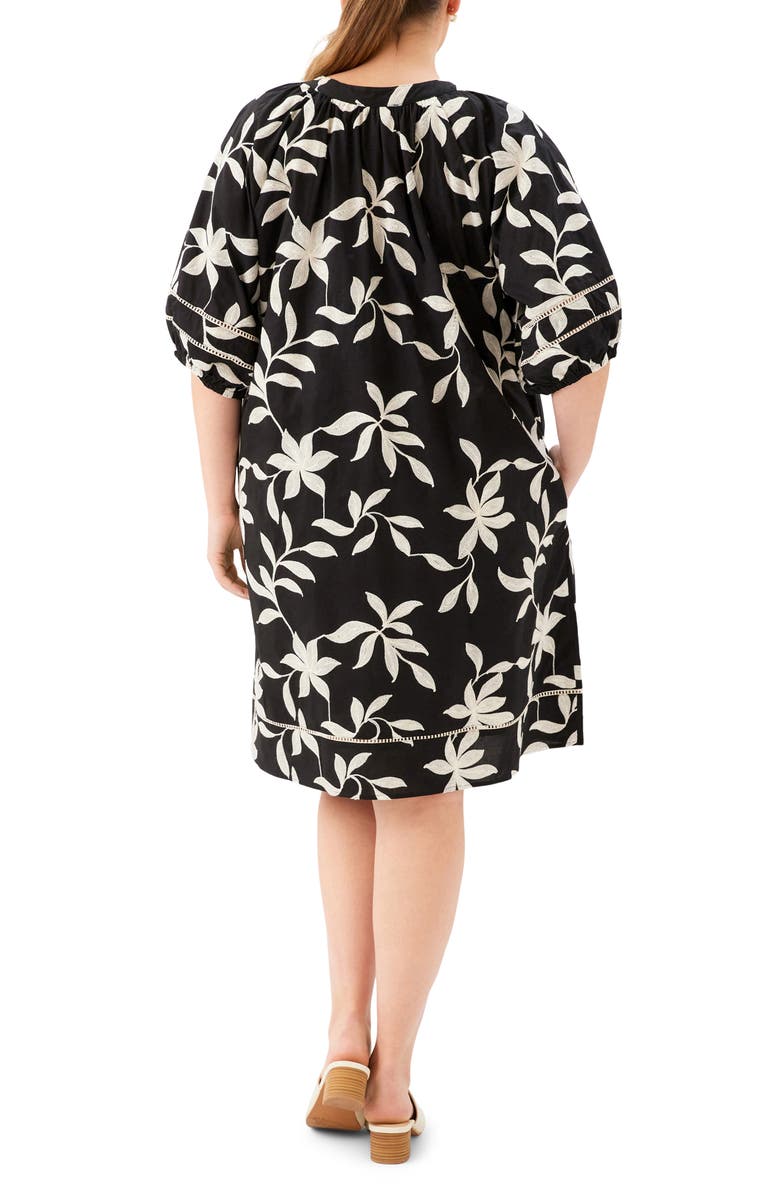Karen Kane Floral Embroidered Puff Sleeve Cotton Shift Dress, Alternate, color, Black