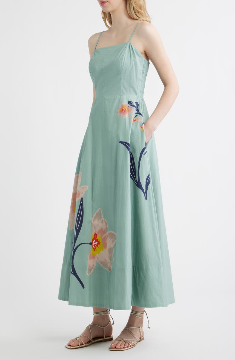 Cleobella Riley Placed Floral Organic Cotton Poplin Maxi Dress, Alternate, color, Moresco Blue Surf