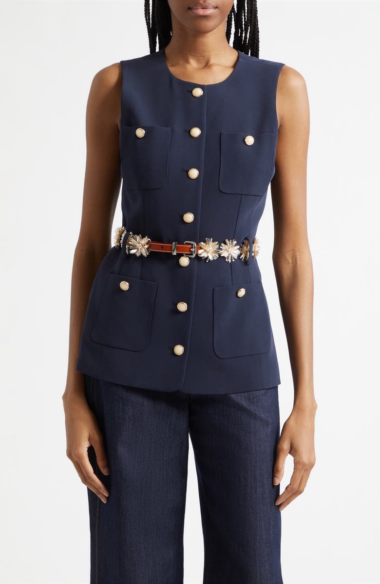 Cinq à Sept Sunflare Belted Kole Vest, Main, color, Navy/Champagne