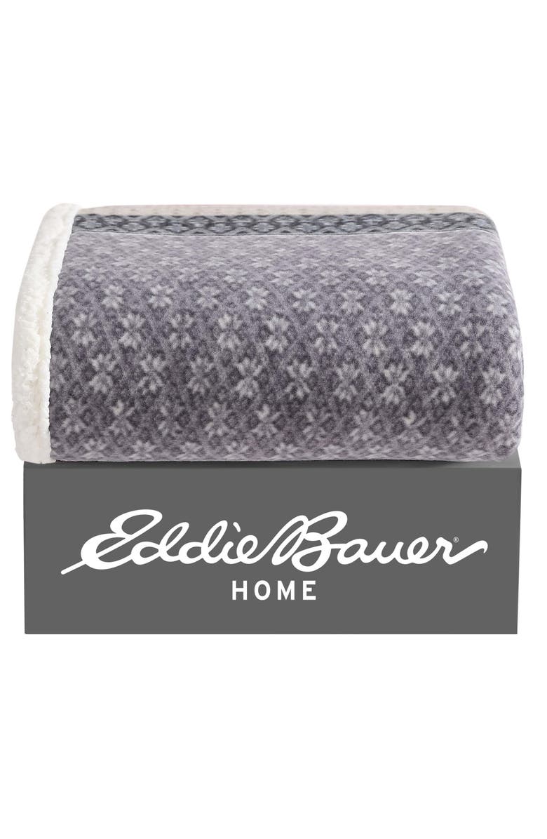 Eddie Bauer Fair Isle Plaid Faux Shearling Throw Blanket, Alternate, color, Dark Steel