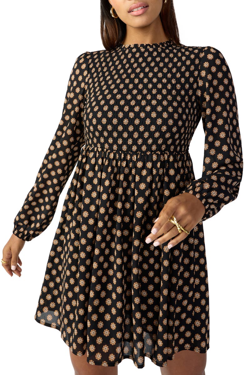 Sanctuary Medallion Smocked Long Sleeve Babydoll Minidress, Alternate, color,