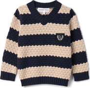 Charlotte & George Striped V-Neck Sweater with Crest Patch