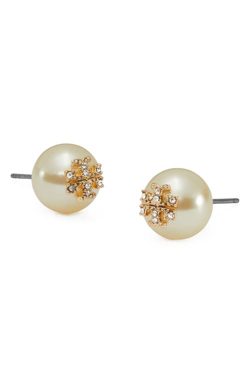 Tory Burch Kira Stacked-t Logo Faux Pearl Stud Earrings In Gold