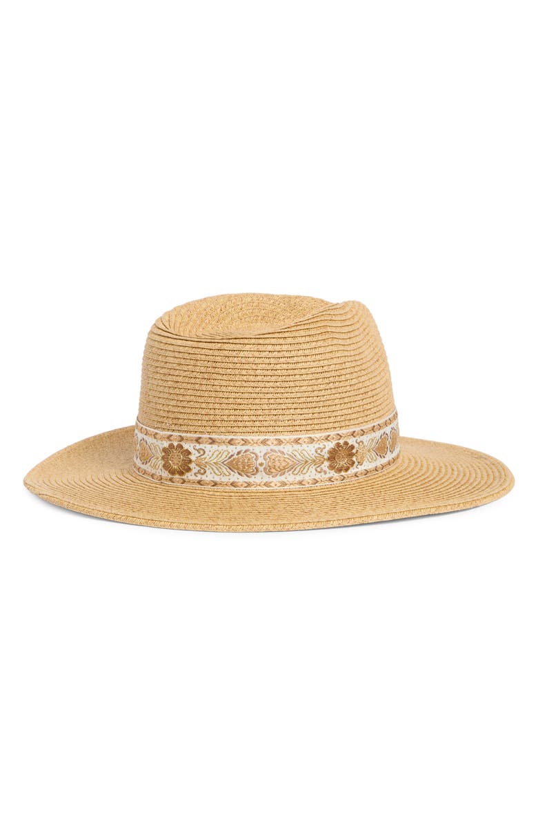 Vince Camuto Metallic Embroidered Band Panama Hat, Alternate, color, Heather Tan