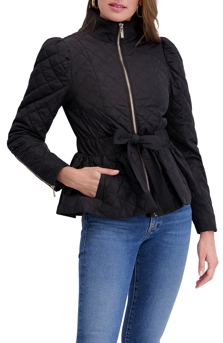 Kensie Quilted Peplum Jacket, Alternate, color, Black