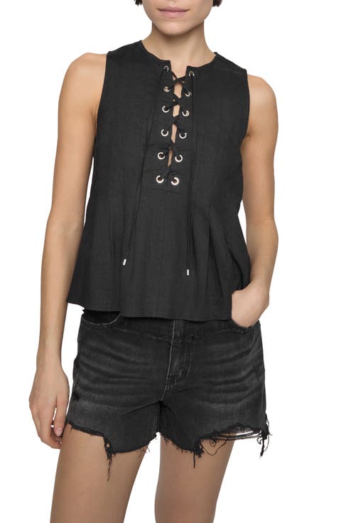 Pleated Sleeveless Linen & Cotton Lace-Up Top