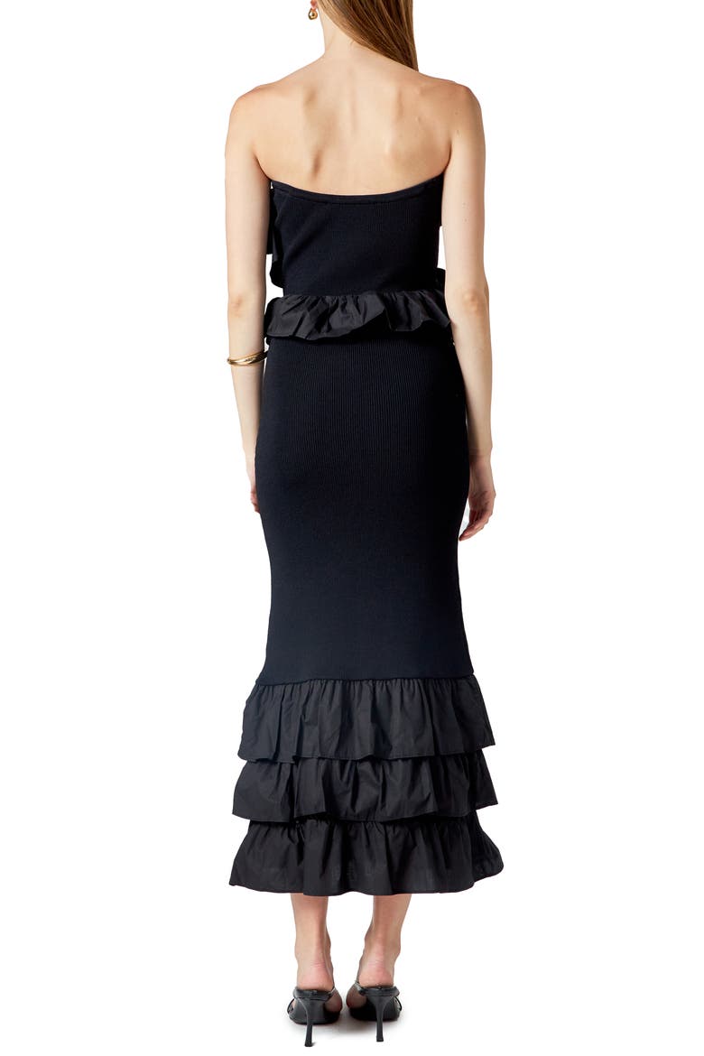 Ruffle Detail Mixed Media Strapless Dress, Alternate, color, BLACK