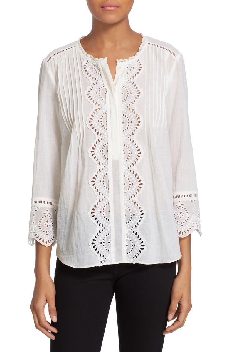 Rebecca Taylor Three Quarter Sleeve Eyelet Top, Main, color, 