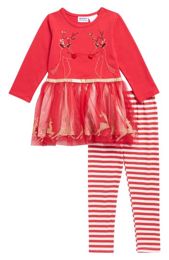 Blueberry Kids' Holiday Long Sleeve Skirted Top & Leggings Set In Red