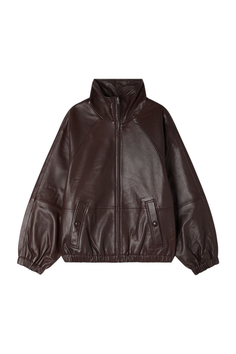 Oversized zip-up leather jacket, Main, color, Brown