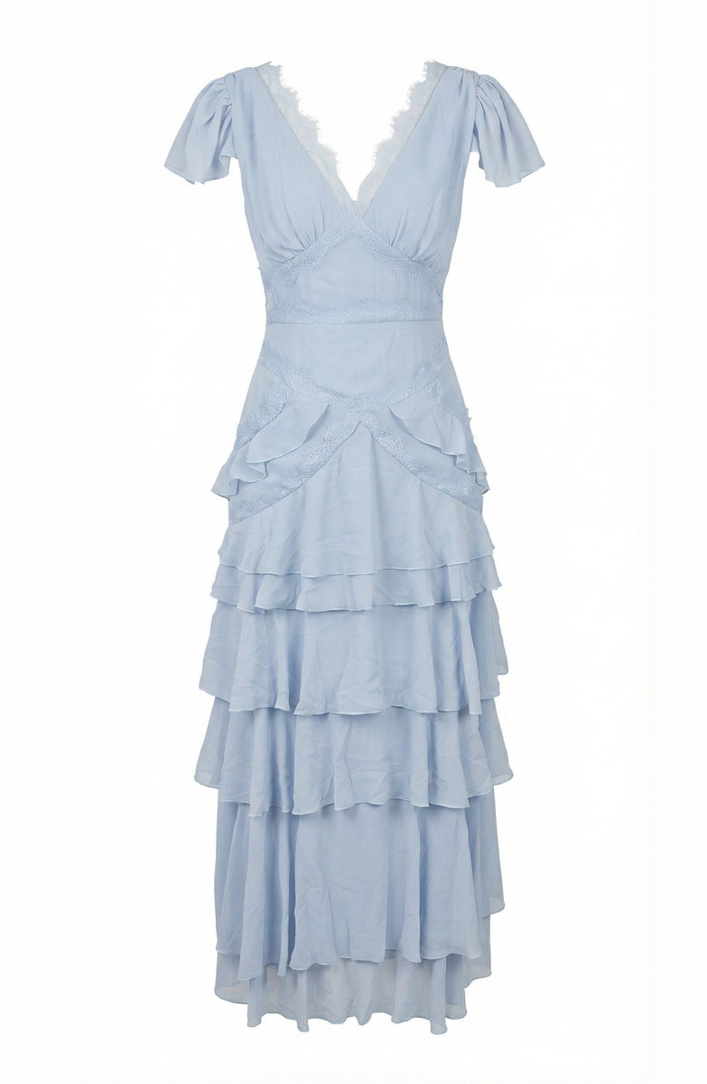 Modenaire Lace Trim Tiered Maxi Dress, Alternate, color, Pastel Blue