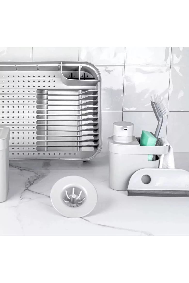Durable Compact Kitchen Sink Organizer 3 Piece Set, Dish Rack, Cutlery Drainer & Soap Dispenser Caddy with Sponge Holder, Alternate, color, White