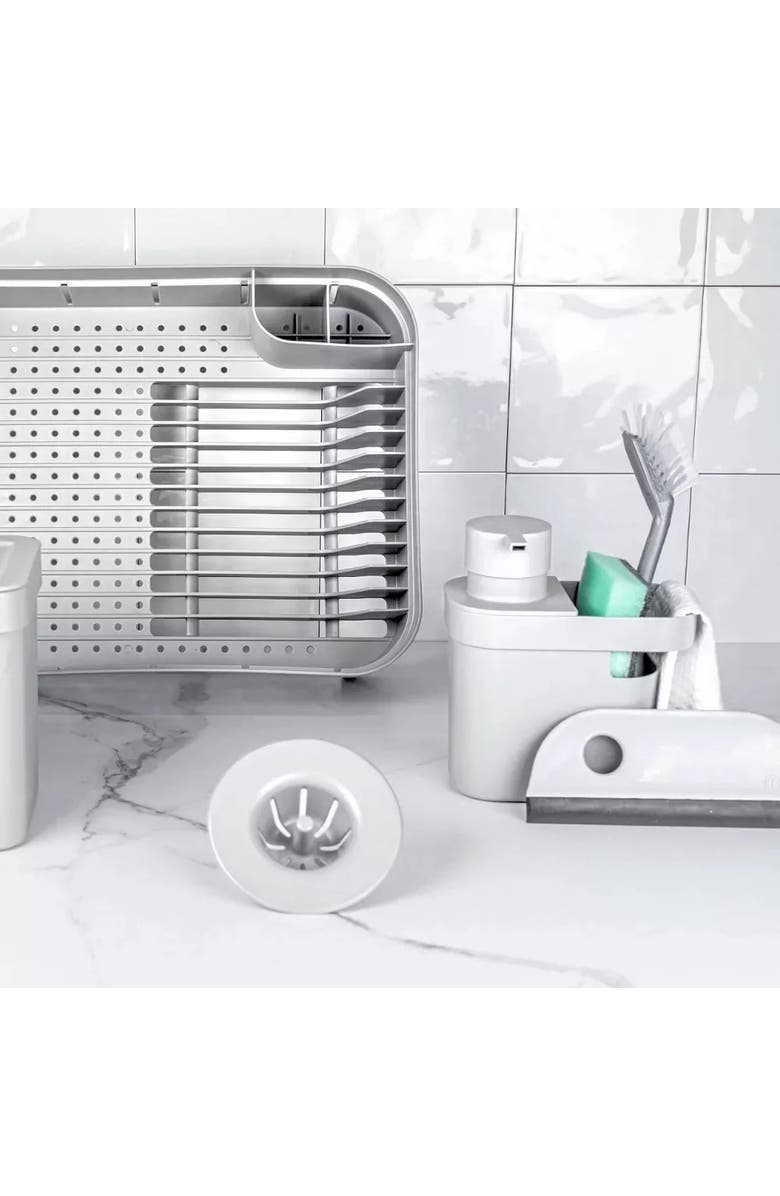 OU Durable Compact Kitchen Sink Organizer 3 Piece Set, Dish Rack, Cutlery Drainer & Soap Dispenser Caddy with Sponge Holder, Alternate, color, White