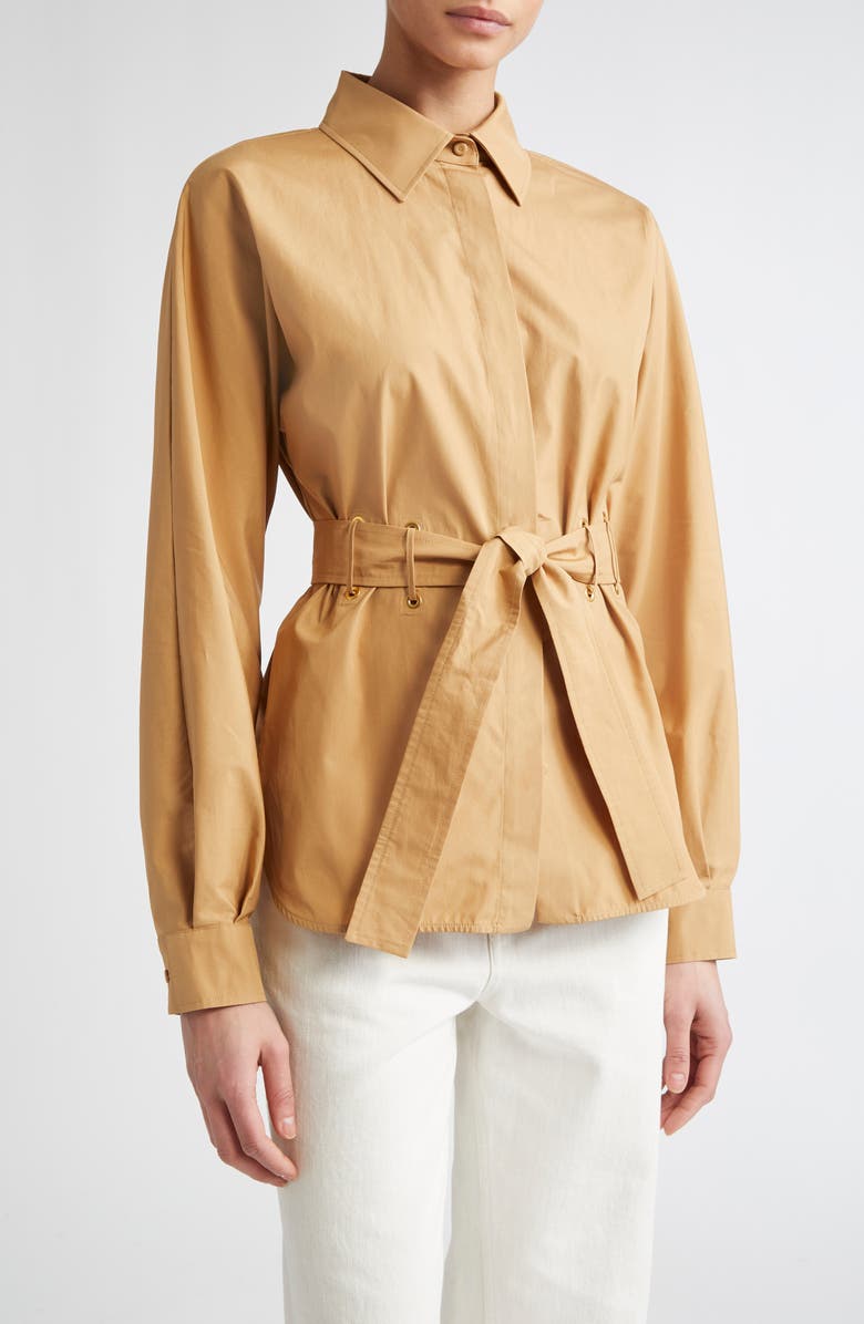 Max Mara Juglas Belted Button-Up Shirt, Main, color, Caramel