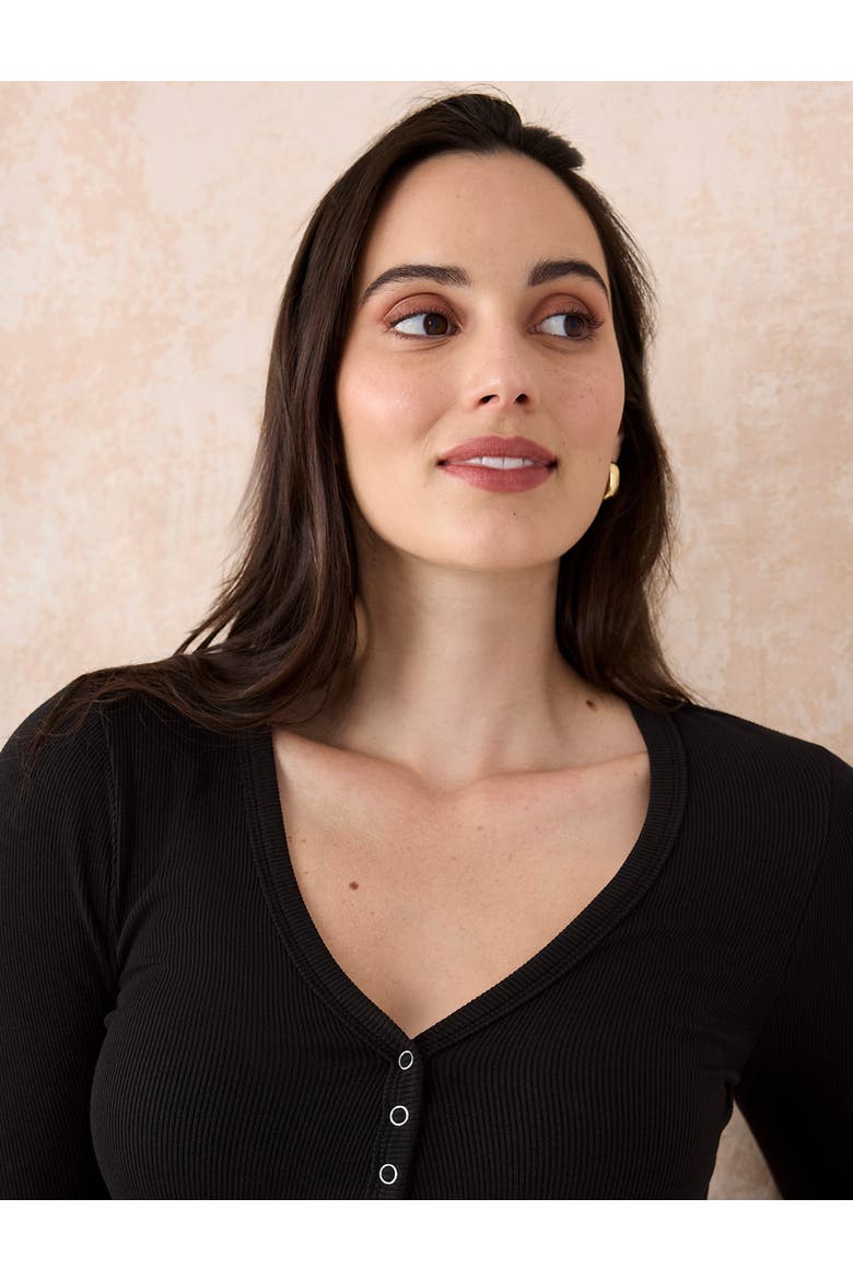 V-Neck Side-Ruched Long Sleeve Henley Tee, Alternate, color, Black