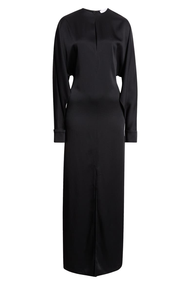Split Long Sleeve Satin Gown, Alternate, color, BLACK