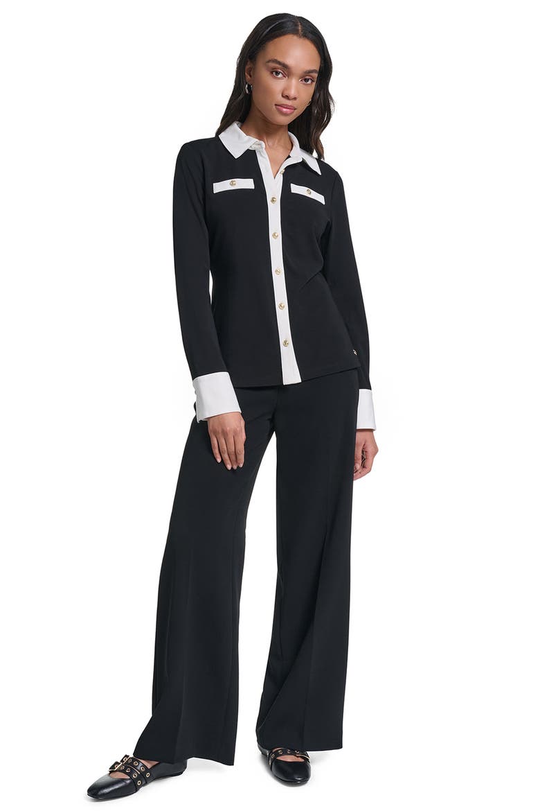 Contrast Trim Collared Knit Top, Alternate, color, BLACK