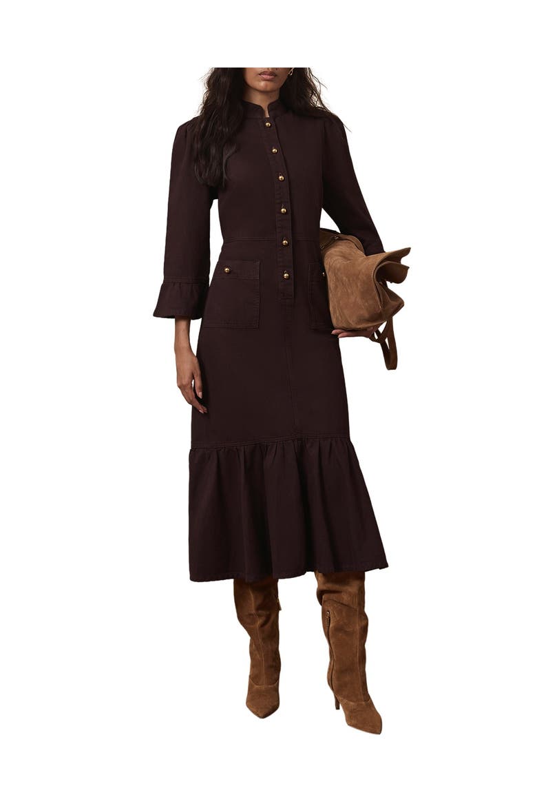 Denim Puff Shoulder Midi Shirt Dress, Alternate, color, Burgundy
