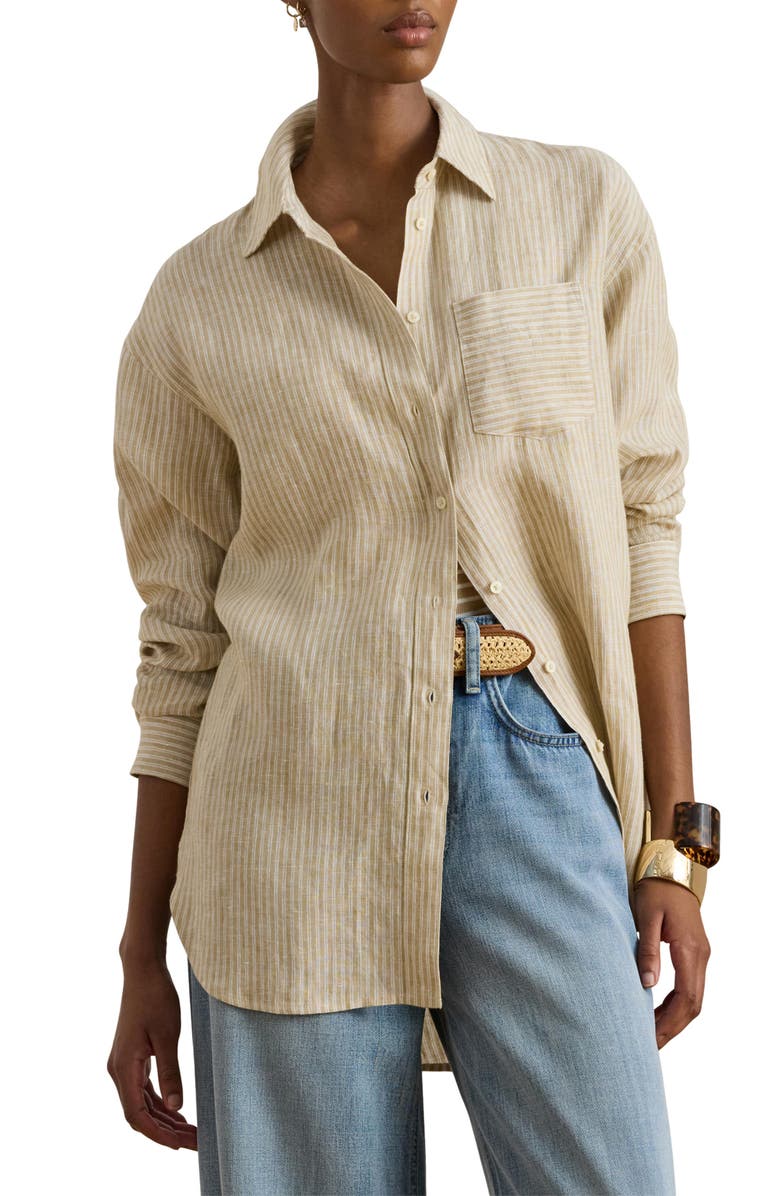 Lauren Ralph Lauren Relaxed Fit Stripe Linen Shirt, Main, color, Brown/ White