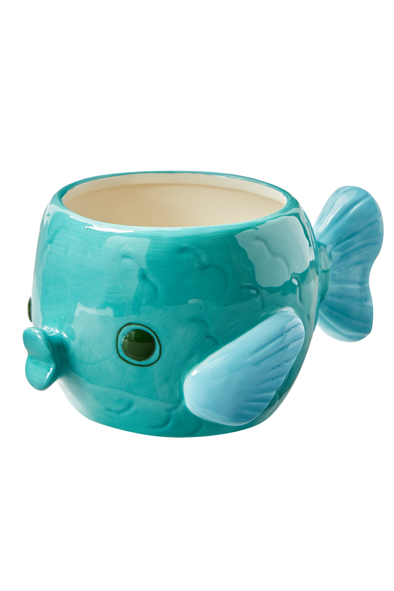 Fish 4" Planter Teal Earthenware Summer, Main, color, Blue